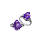 Handcrafted Sterling Silver Amethyst Quartz Teardrop Royal Elegance Heritage Ring With Balinese Detailing.